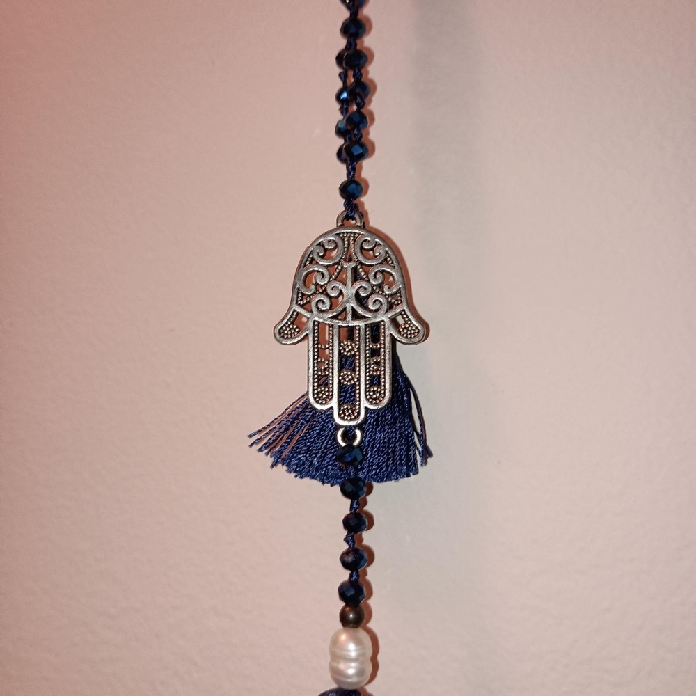 NWOT Zacasha Hamsa Blue Beaded Tassle Necklace